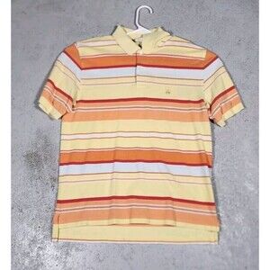 Brooks Brother Polo Shirt Mens M Yellow‎ Orange Red Stripe Embroidered Logo